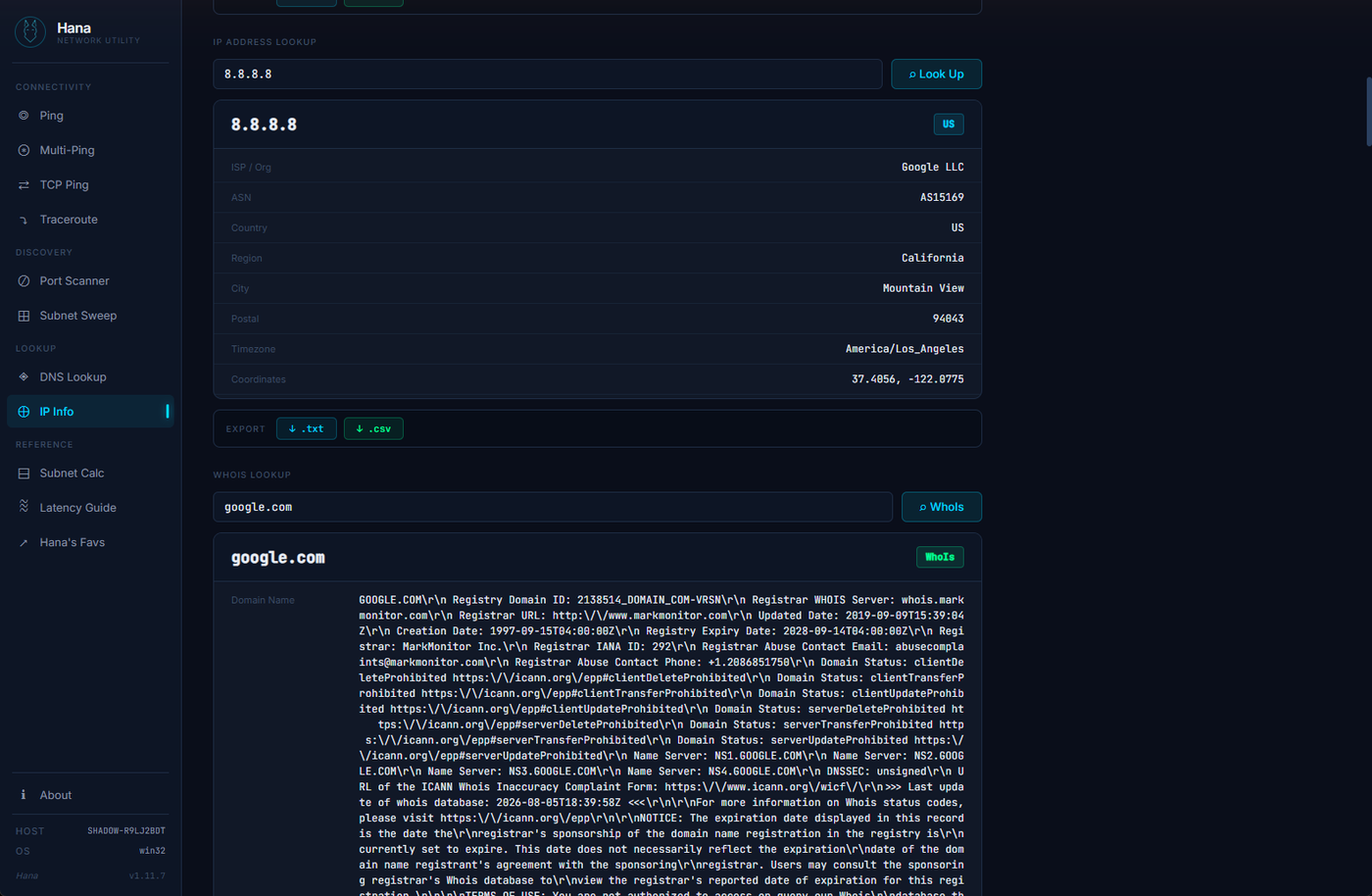 IP Info showing IP address lookup and WHOIS results