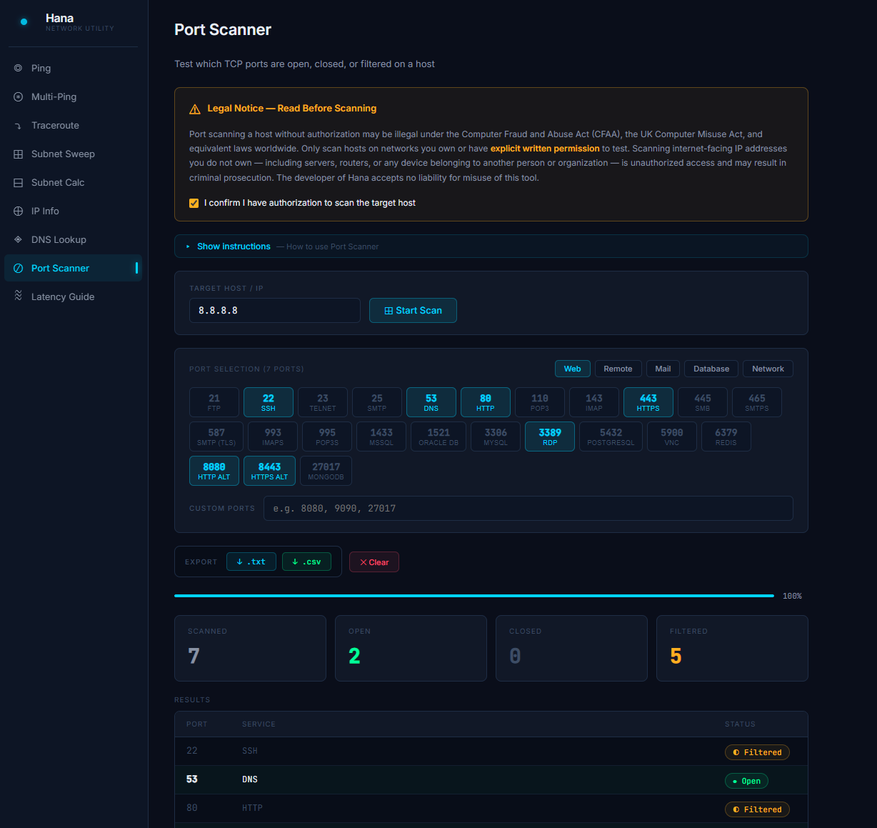 Port Scanner results