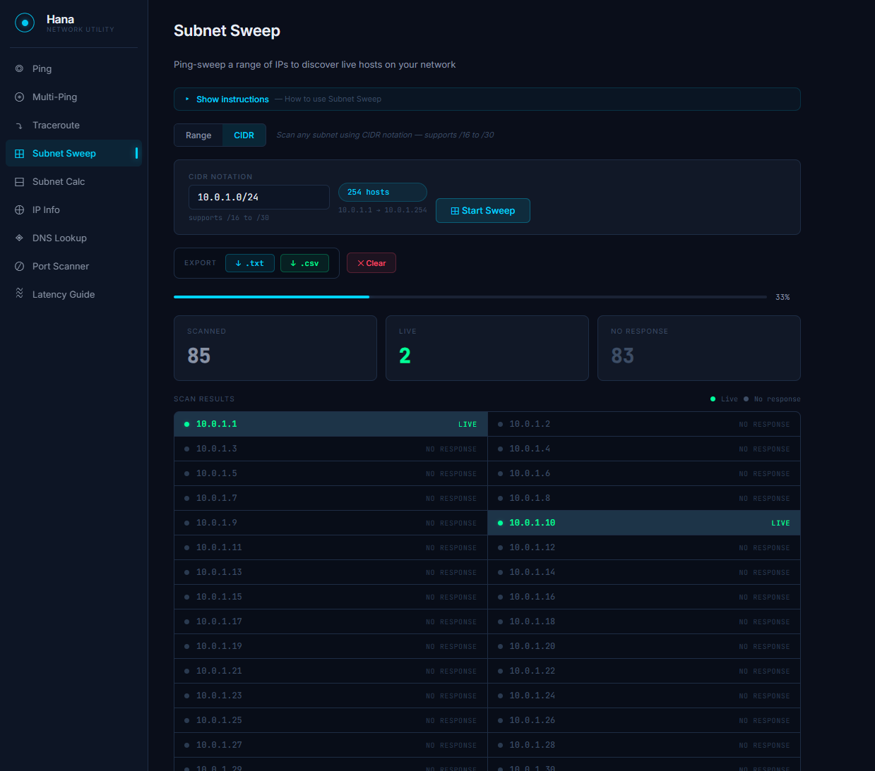 Subnet Sweep CIDR scan in progress