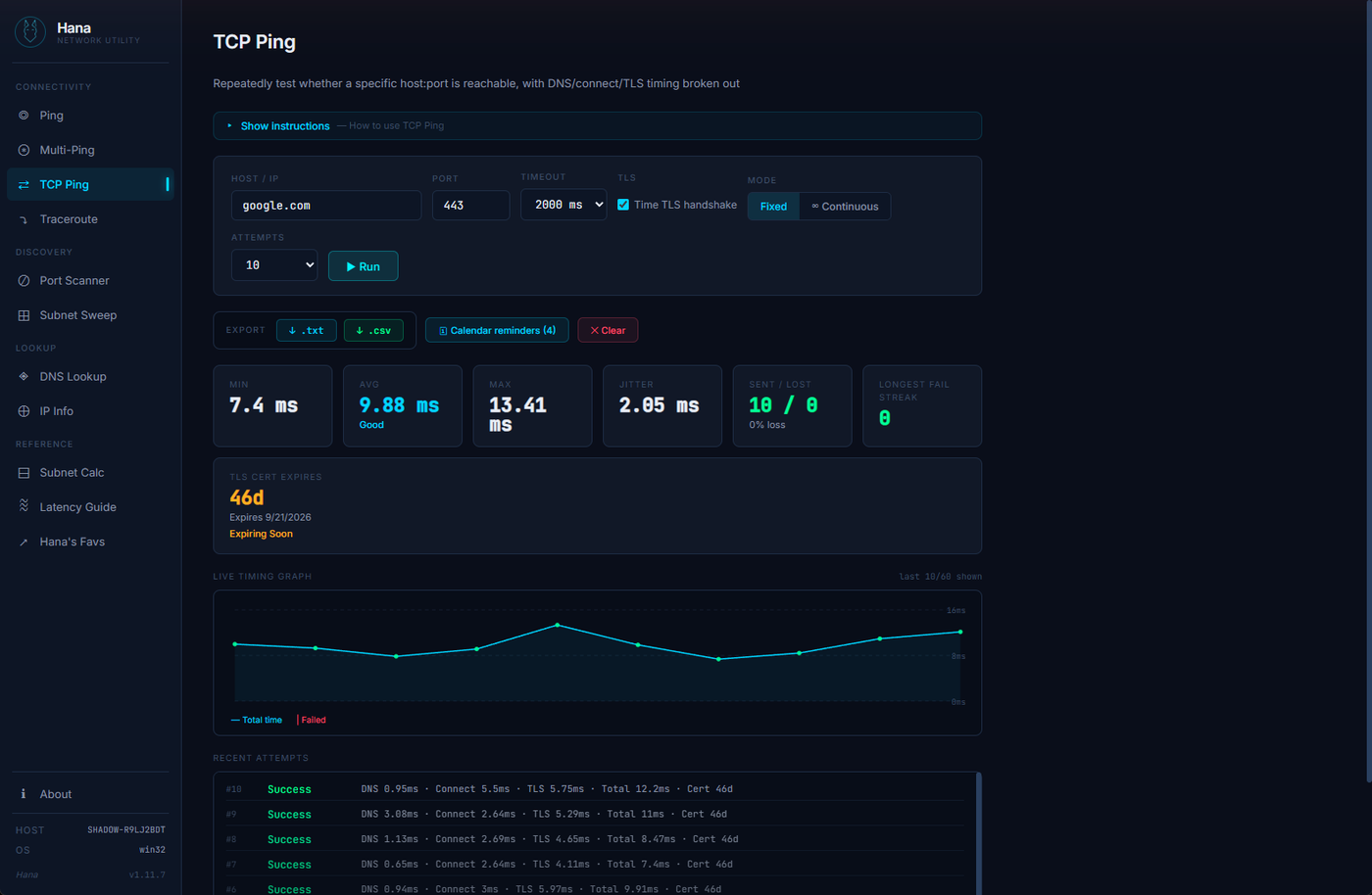 TCP Ping showing DNS, connect, and TLS handshake timing with certificate expiry