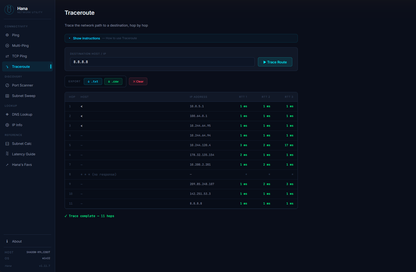 Traceroute showing hop-by-hop path to a destination